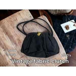 Vintage 1950s Black Fabric Top Handle Purse – Formal Evening Handbag